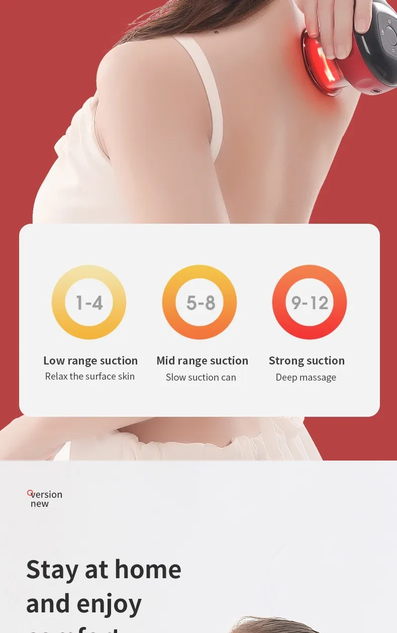 Suction level guide: 1-4 low range, 5-8 mid range, 9-12 strong deep massage